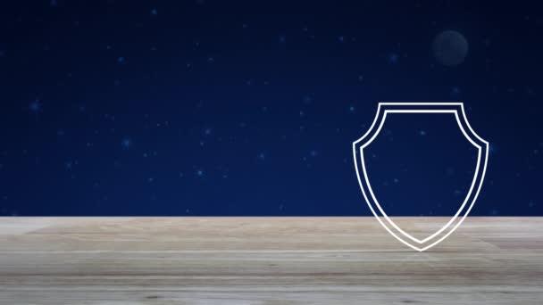 飞机在幻想夜空和月亮的木桌上与盾牌平面图标 商务旅行保险和安全概念 — 图库视频影像