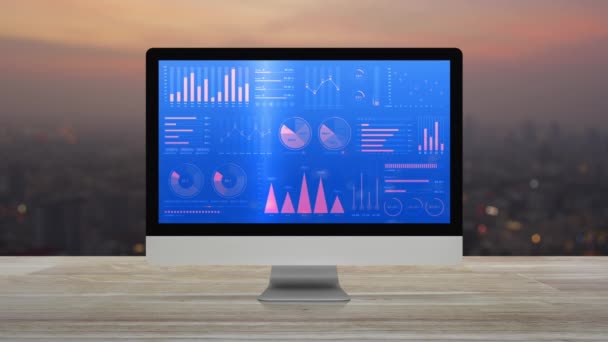 Estatísticas Gráficos Gráficos Diagramas Dados Sobre Tela Monitor Computador Moderno — Vídeo de Stock