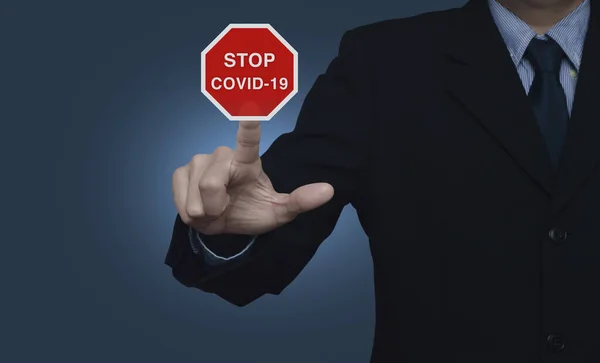 Businessman Pressing Stop Covid Outbreak Flat Icon Gradient Light Blue — Stock Photo, Image