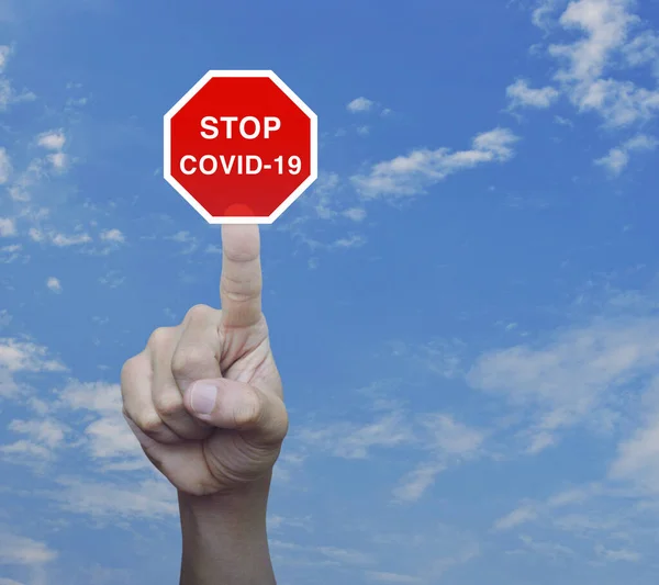 Hand Indrukken Stop Covid Uitbraak Plat Pictogram Boven Blauwe Lucht — Stockfoto