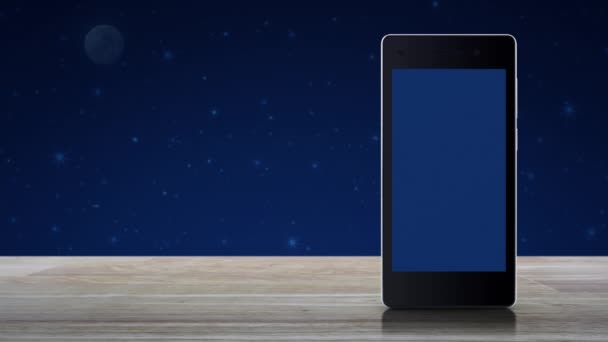 现代智能手机屏幕上的购物车平面图标在木桌上幻想夜空和月亮 商务商店在线概念 — 图库视频影像