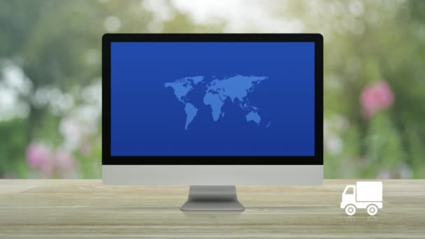 Значок Грузовика Линией Соединения Картой Мира Современном Экране Монитора Компьютера — стоковое видео