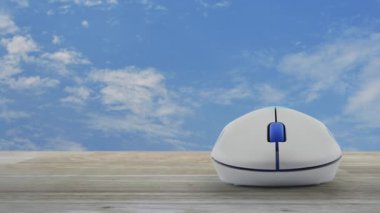 Beyaz bulutlu ahşap gökyüzü üzerinde kablosuz bilgisayar faresi üzerinde ev düz ikonu ile çekiç ve ingiliz anahtarı, İş Hizmetleri online konsepti