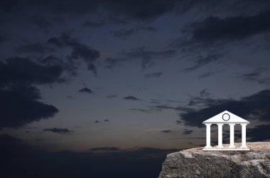 Günbatımı gökyüzü üzerinde kaya düz ikonu, iş bankacılığı online konsept