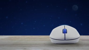 Kablosuz bilgisayar faresi olan düz simgeyi fantezi gökyüzü ve ay üzerine, internet teknolojisi kavramı üzerine, tahta masaya indir