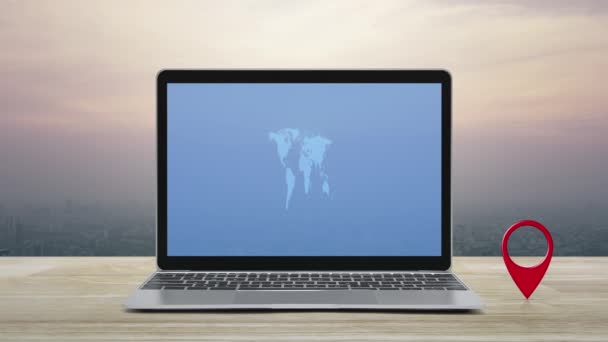 Kartenstift Lagetaste Mit Verbindungslinie Und Weltkarte Auf Modernem Laptop Bildschirm — Stockvideo