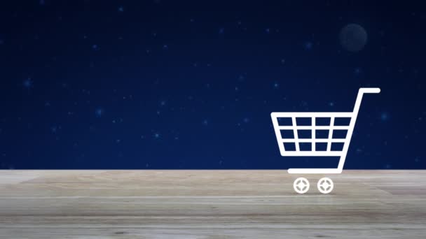 Shopping Cart Icona Piatta Tavolo Legno Sopra Fantasia Cielo Notturno — Video Stock