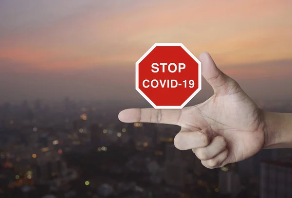 Hand Indrukken Stop Covid Uitbraak Pictogram Plaat Vervaging Van Het — Stockfoto