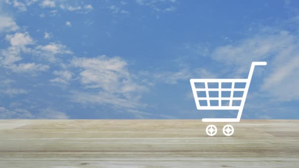 白い雲と青空の上に木製のテーブルの上にショッピングカートフラットアイコン ビジネスショップオンラインコンセプト — ストック動画