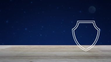 Güvenlik kalkanı, tahta masanın üzerinde tahta simge ile fantezi gece gökyüzü ve ay, teknoloji internet siber güvenlik ve anti virüs konsepti