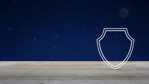 在幻想的夜空和月亮上的木制桌子上贴有打勾扁平图标的安全护盾 科技互联网网络安全和防毒概念 — 图库视频影像