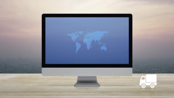 Bağlantı Hattı Dünya Haritasına Sahip Teslimat Kamyonu Simgesi Modern Bilgisayar — Stok video