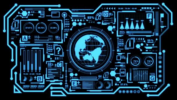 Animación Pantalla Interfaz Hud Mapa Del Mundo Digital Girando Con — Vídeo de stock