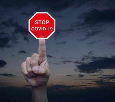 COVID-19 salgını günbatımı gökyüzü üzerinde düz simge, küresel salgın alarmı, yeni Coronavirüs salgını kavramı