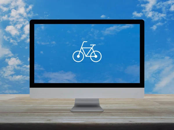 Bicycle Flat Icon Modern Laptop Computer Wooden Table Blue Sky — Stock Photo, Image