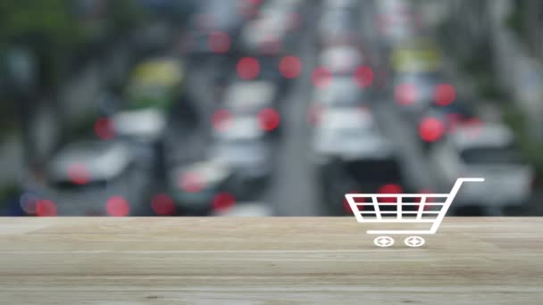 Carrinho Compras Ícone Plano Mesa Madeira Sobre Borrão Hora Ponta — Vídeo de Stock