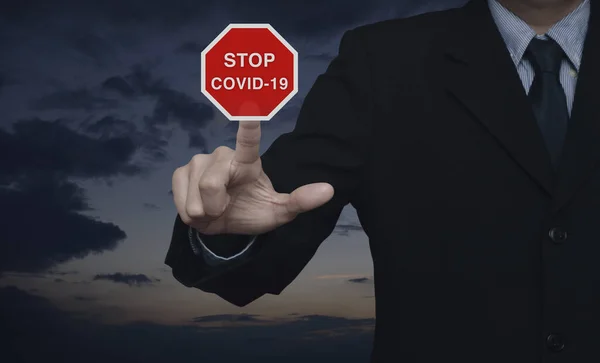 Businessman Pressing Stop Covid Outbreak Flat Icon Sunset Sky Global — Stock Photo, Image