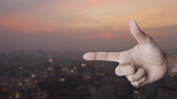 Documento Icono Plano Dedo Sobre Desenfoque Paisaje Urbano Puesta Sol — Vídeo de stock