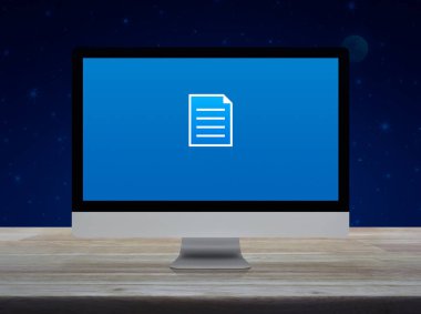 Masaüstü düz simge modern bilgisayar monitörü ekranı fantezi gece gökyüzü ve ay üzerine ahşap masa, iş iletişimi online konsept