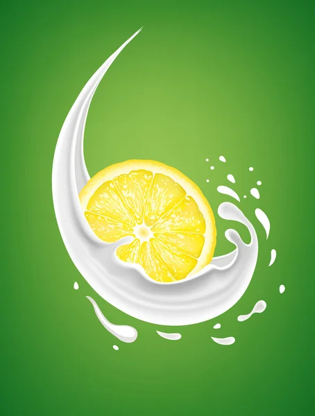 Salpicadura de leche con rodaja de limón sobre fondo verde — Vector de stock