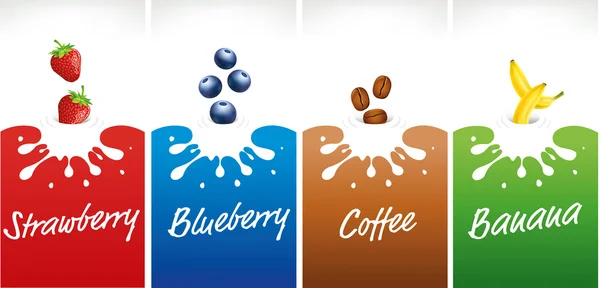 Milk splash with fresh strawberry, blueberry, coffee beans, banana — Stock Vector