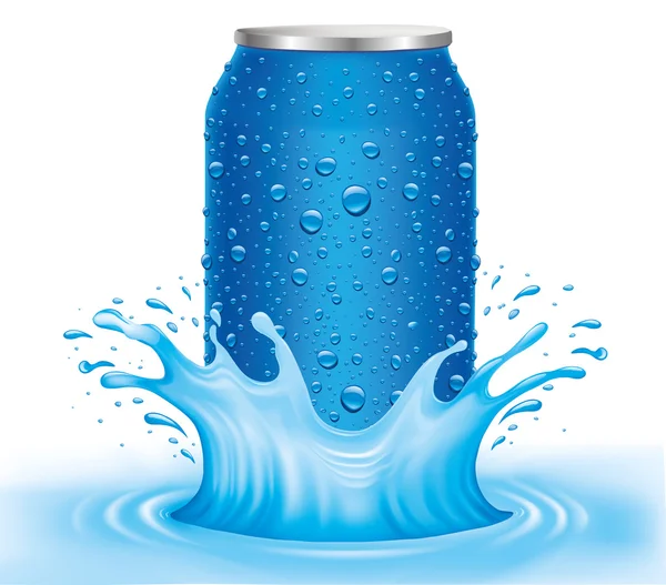 Blue tin, can with water drops standing in water — Stock Vector