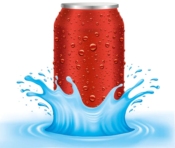 Red tin, can with water drops standing in water — Stockový vektor