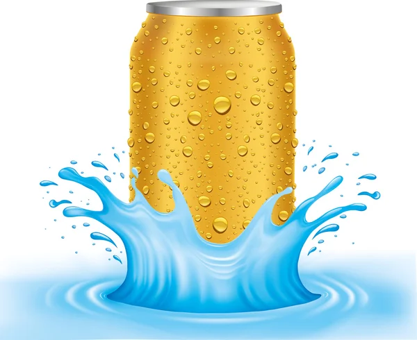 Gold tin, can with water drops standing in water — Stock Vector