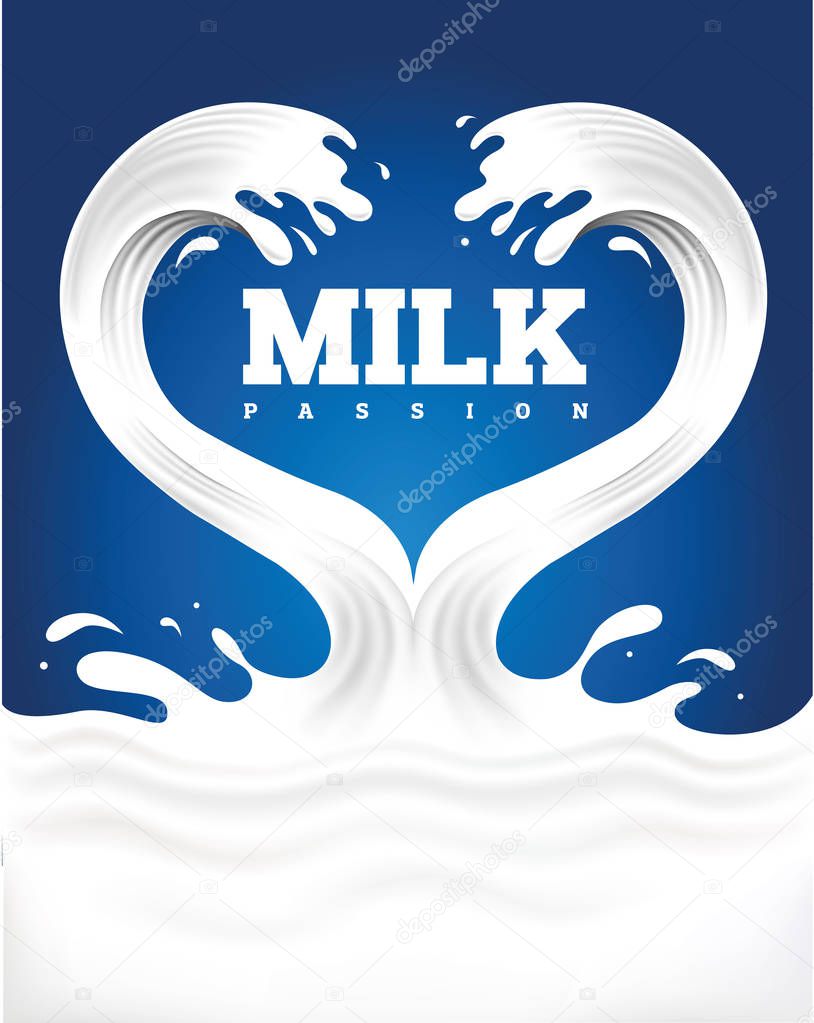 couple milk splash creating heart sign on blue background
