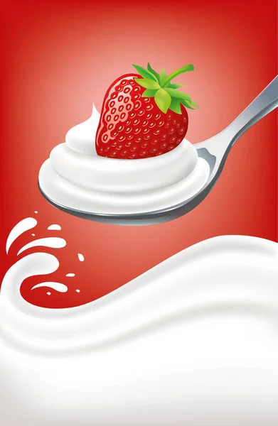Milch-Joghurt-Creme mit Erdbeere auf Löffel — Stockvektor