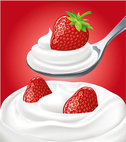 Milk yogurt cream with strawberry on spoon — Stock Vector