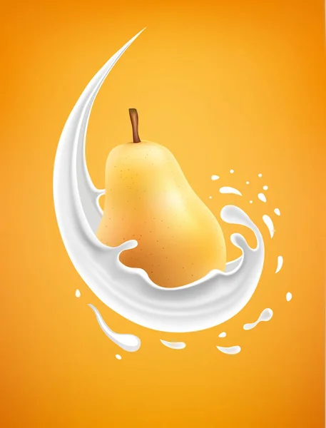 Salpicadura de leche con pera fresca sobre fondo amarillo — Vector de stock