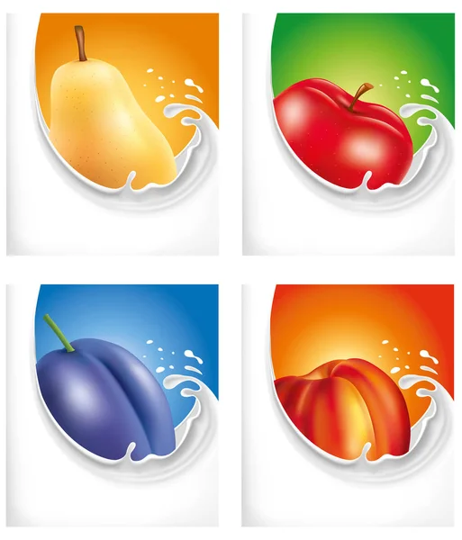 牛奶飞溅与鲜梨、 苹果、 李子、 桃子 — 图库矢量图片