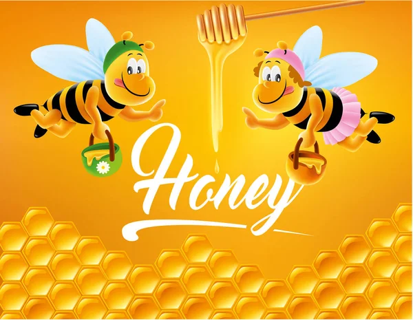 Ape illustrazione cartone animato con delizioso miele — Vettoriale Stock
