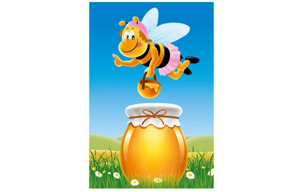 蜂と花が咲く草原の蜂蜜の漫画イラスト瓶 — ストックベクタ