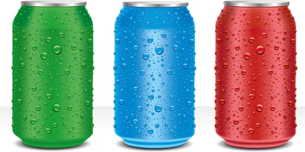 Latas de alumínio verde, azul, vermelho com gotas de água doce —  Vetores de Stock