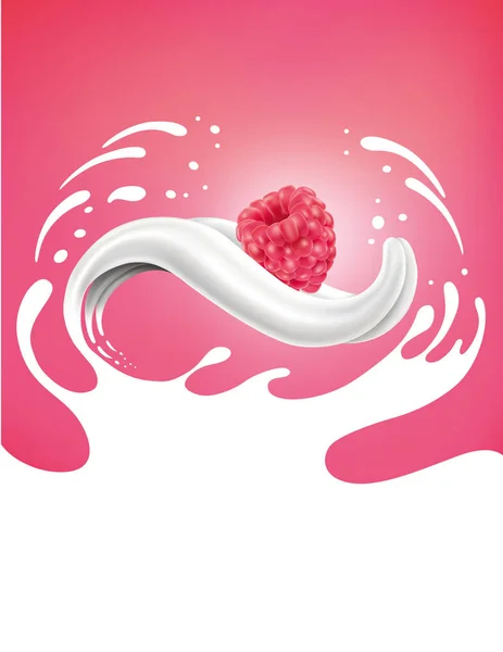 Milk splash with fresh raspberry lying on milk tongue — Stock Vector