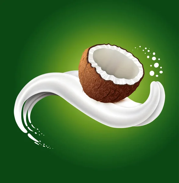 Salpicadura de leche con coco fresco acostado en la lengua de la leche — Vector de stock
