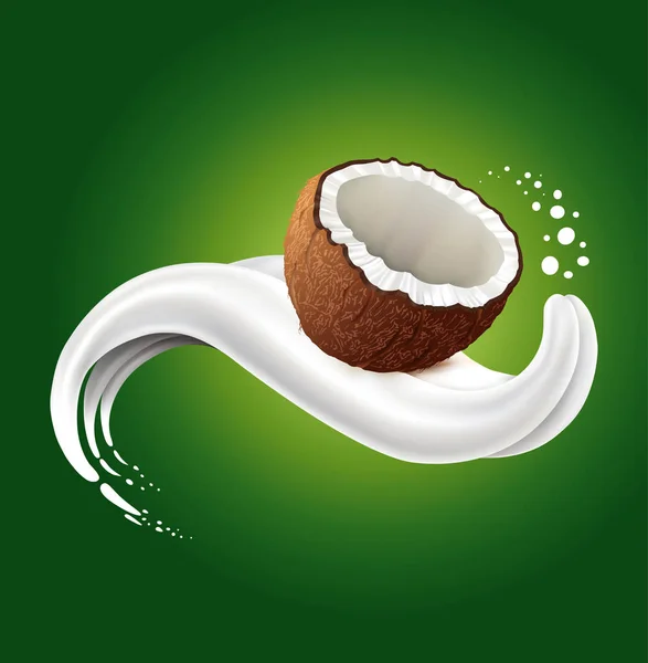 Milk splash with fresh coconut lying on milk tongue — Stock Vector