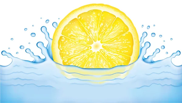 Brillante rodaja de limón cayendo al agua. Refrescante y saludable — Vector de stock