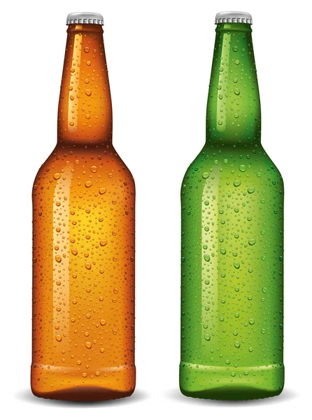 Par de garrafa de cerveja com gotas de água doce —  Vetores de Stock