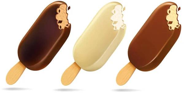Wektor zestaw ugryziony Popsicle Choc-ice lizak lody w polewą czekoladową na kij — Wektor stockowy