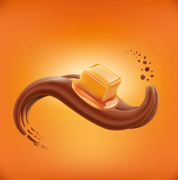 Caramel candy lying on chocolate tongue — Stock Vector