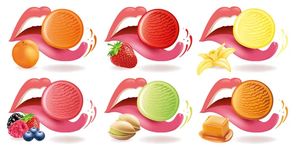 Eating ice cream lying on tongue  apricot, strawberry, vanilla, forest fruits, pistachio, caramel — Stock Vector