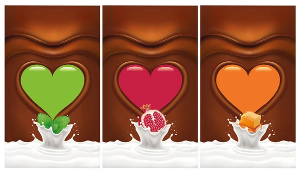 Fond coeur chocolat avec menthe, caramel, grenade tombant à éclaboussure de lait — Image vectorielle