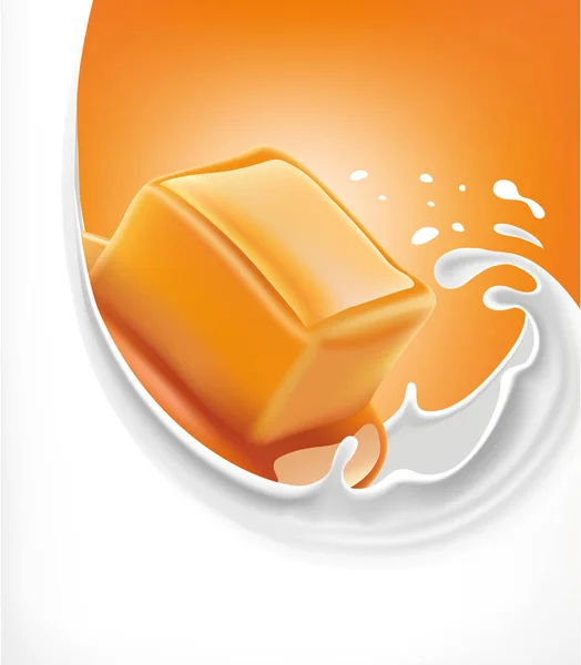 Zoete karamel snoep op melk splash — Stockvector