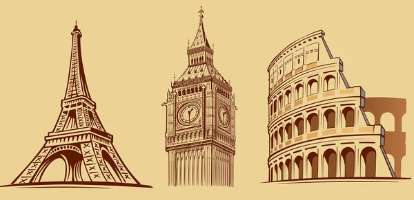 Paris, Londres, monuments roms, tourisme — Image vectorielle