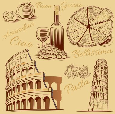 İtalya Ulusal öğeleri. Elle çizilmiş kümesiyle pizza, pisa Kulesi, Roma colosseum