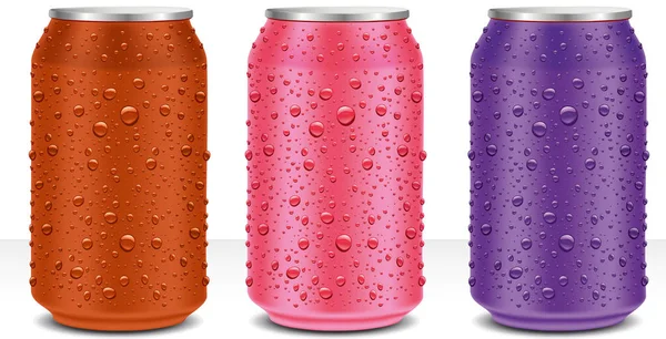 Latas de aluminio en rosa, marrón, violeta con gotas de agua dulce — Archivo Imágenes Vectoriales