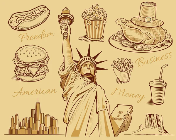 Comida típica americana, estátua da liberdade, Manhattan skyline monumento vale —  Vetores de Stock